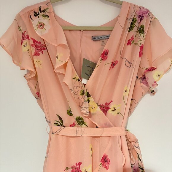 NWT Danny & Nicole Coral Pink Floral Ruffle Flutter Surplice Midi Dress Size 16 - Picture 3 of 7